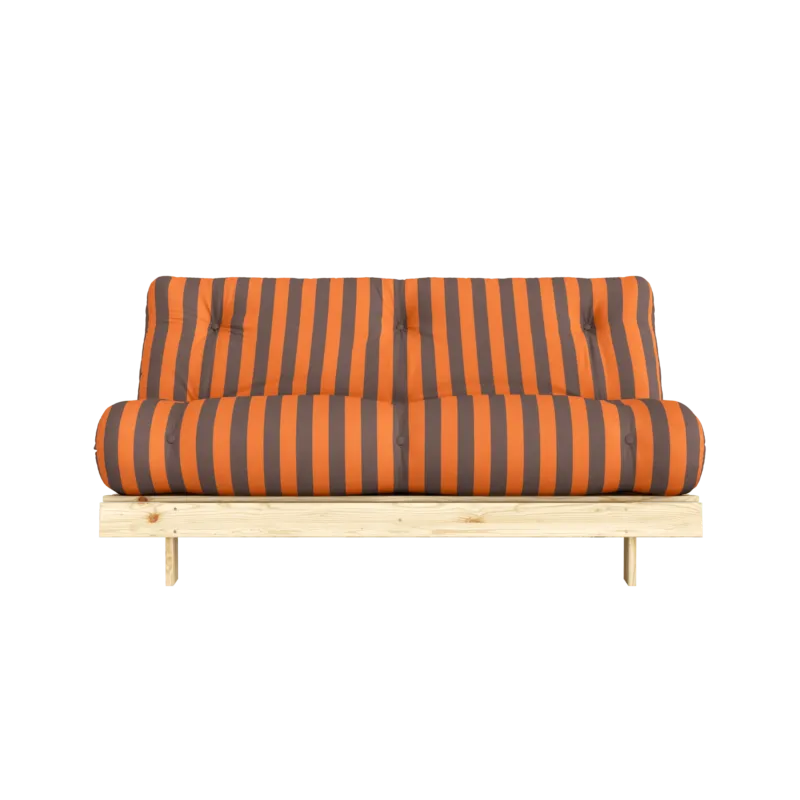 Canapé-lit en pin massif avec matelas rayé bordeaux et bleu clair 160x200cm Raw roots - Karup Design - The Cool Republic