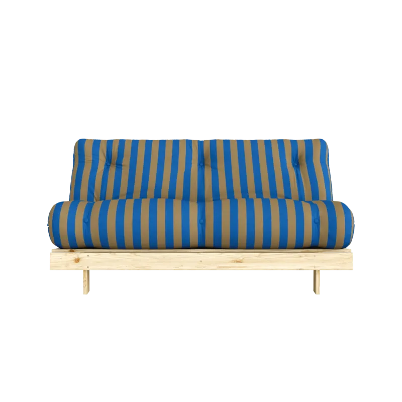 Canapé-lit en pin massif avec matelas rayé bordeaux et bleu clair 160x200cm Raw roots - Karup Design - The Cool Republic