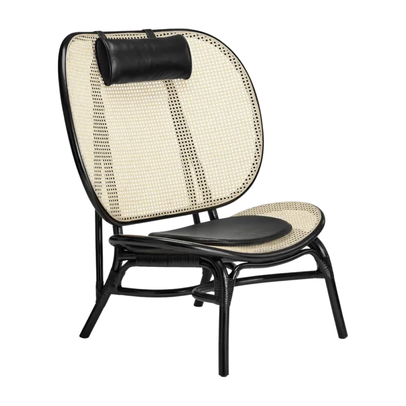 Fauteuil en osier noir et coussins en cuir noir Nomad - NORR11 - The Cool Republic