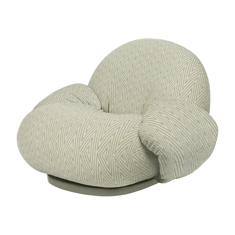 Fauteuil lounge de jardin pivotant avec accoudoirs en tissu chevron vert et métal gris Pacha - Gubi - The Cool Republic