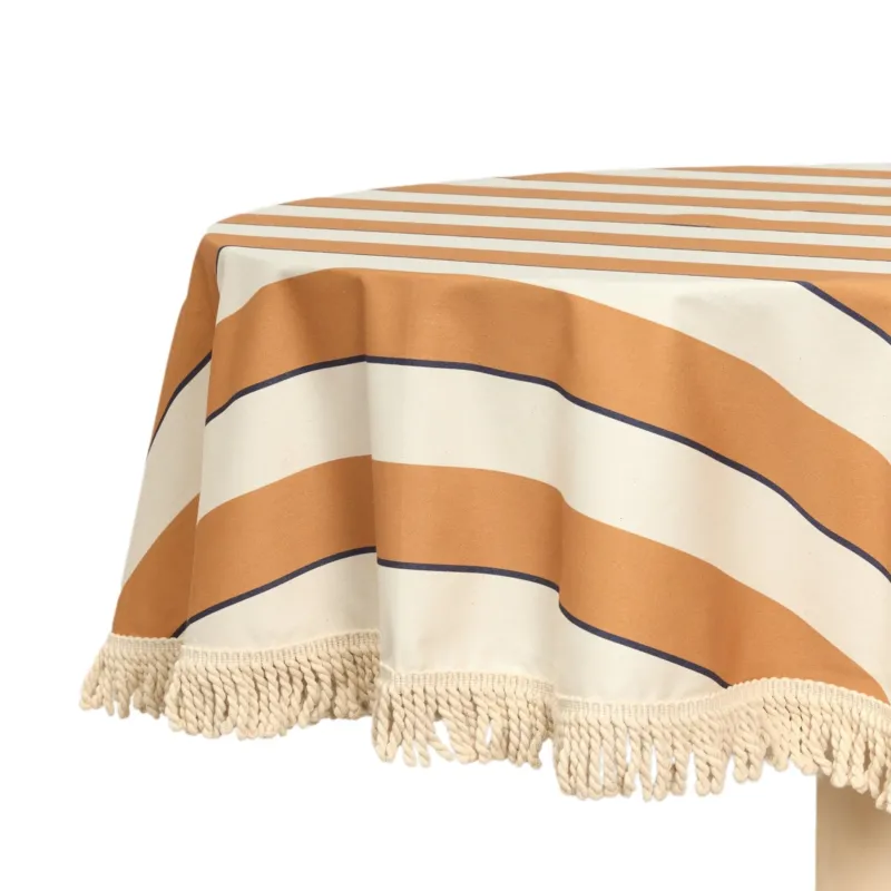 Nappe ronde avec franges en popeline de coton bio à rayures orange et bleu 160 cm - Nobodinoz - The Cool Republic
