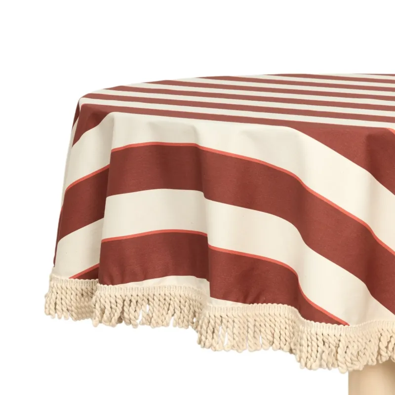 Nappe ronde avec franges en popeline de coton bio à rayures rouge 160 cm - Nobodinoz - The Cool Republic