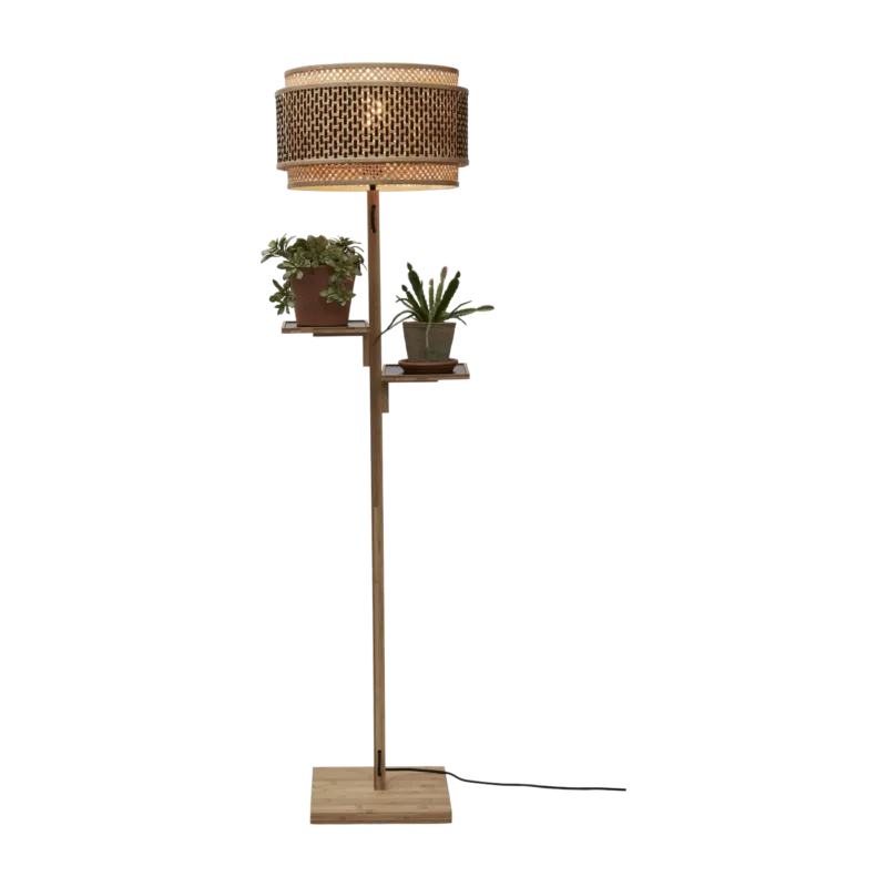 Lampadaire en bambou naturel avec abat-jour en bois noir et naturel 160x40 cm Bhoutan - Good & Mojo