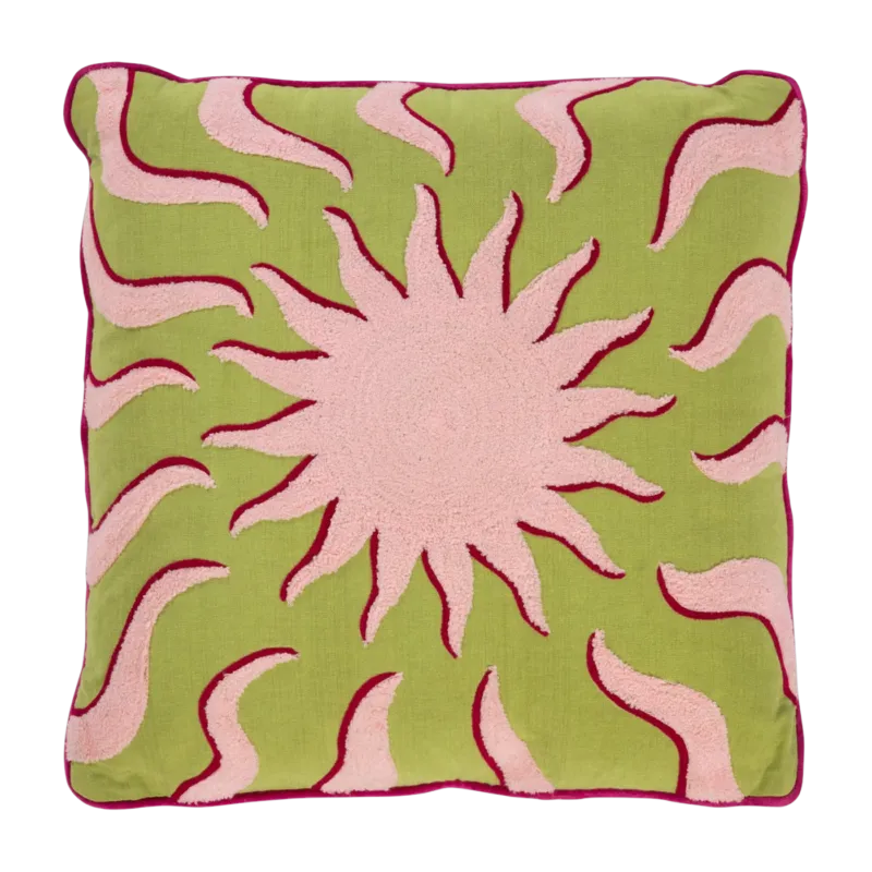 Coussin en coton biologique brodé rose et vert 50x50 cm Sunshine - Anna + Nina