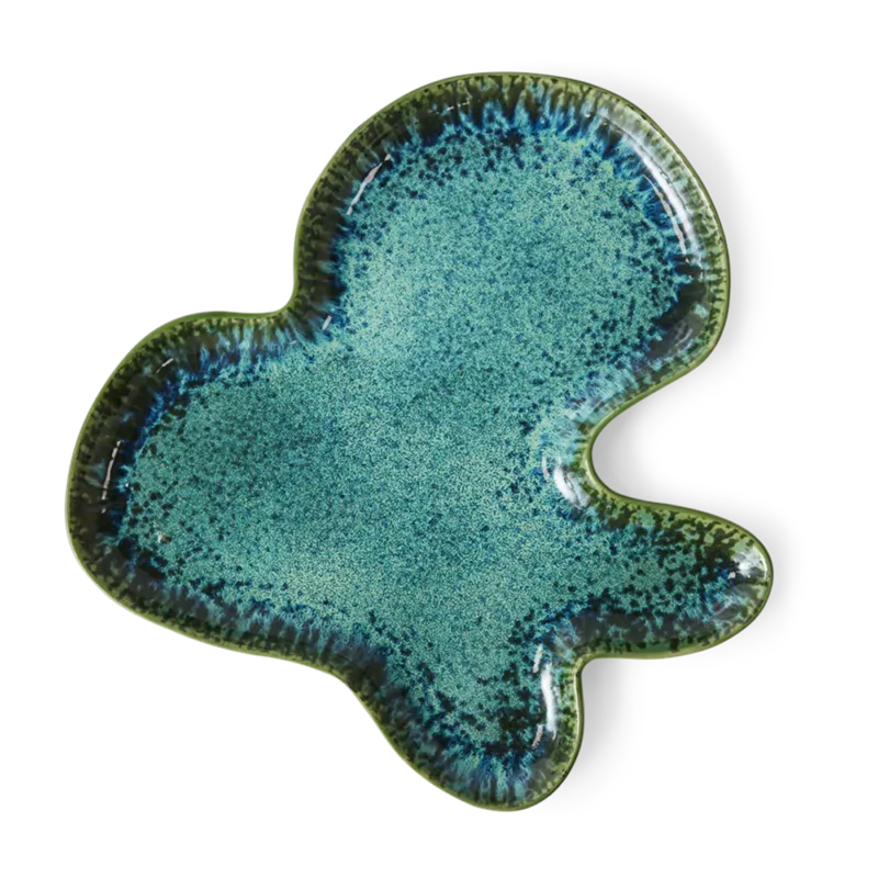Assiette organique en grès bleu 39,5x38cm Shell Teal - HKLIVING