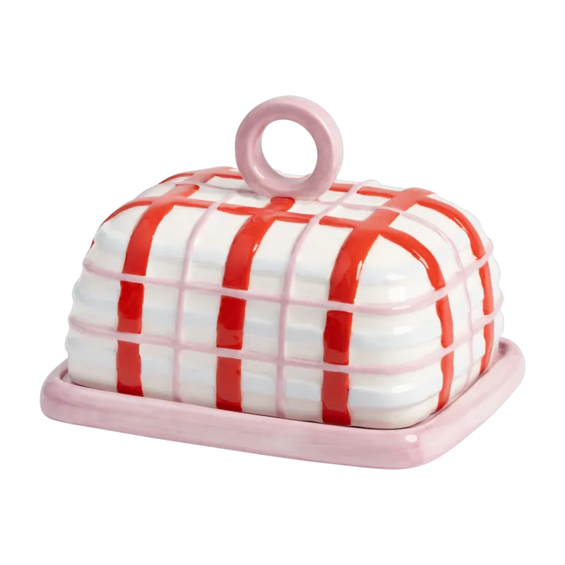 Beurrier en dolomite rayé rose 15x11,5x12cm Plaid - &Klevering