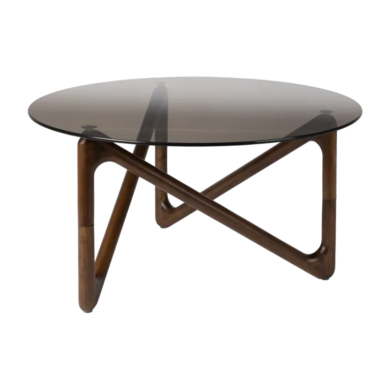 Table basse ronde en verre et bois de chêne finition noyer 80x40cm Naia - Dutchbone