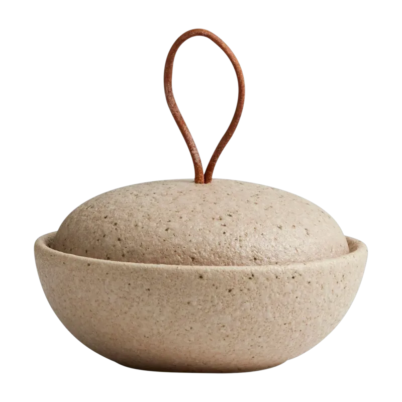 Boîte en grès beige sable et cordon en cuir 11x7cm Sandy - Nordal