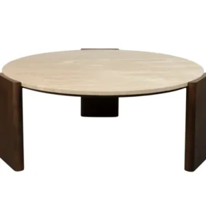 Table basse ronde en travertin et bois d'hévéa 90cm Valcour - Dutchbone - The Cool Republic