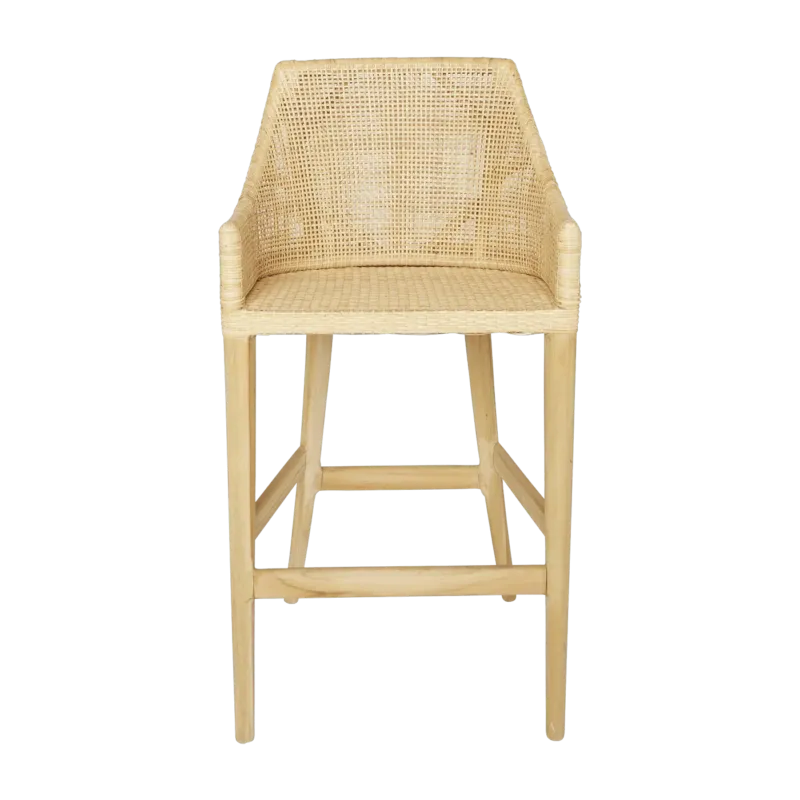 Tabouret de bar en rotin naturel piétement teck Saïgon - KOK - The Cool Republic
