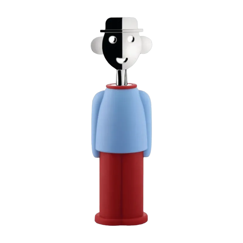 Tire-bouchon en résine thermoplastique bleu clair rouge et zamac chromée Alessandro M. - Alessi - The Cool Republic